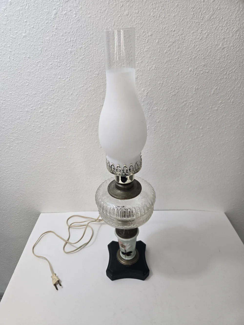 Vintage Glass Hurricane Table Lamp - White Frosted Shade